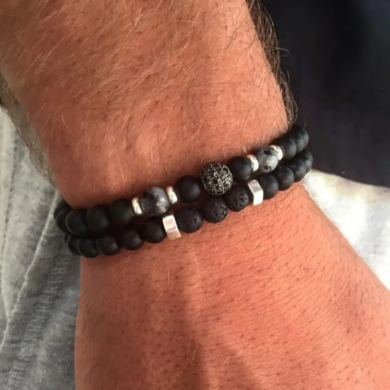 Pulseira Dupla Masculina Pedra Vulcânica