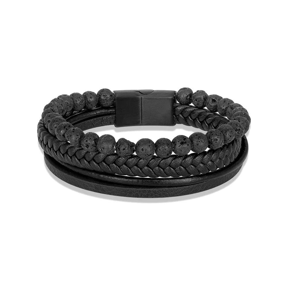 Pulseira masculina Pedra Vulcânica e Couro